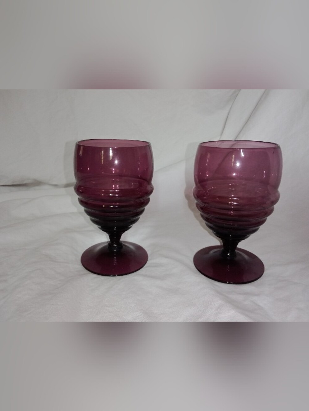 Vintage 1940s Amethyst Purple Glass Goblet Set of 2 Penny Line Ringed 4" Tall